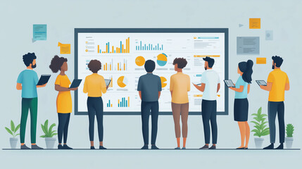 A diverse group of office workers standing in front of a large screen, reviewing their company's financial reports and performance metrics.
