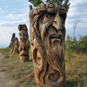 Wooden sculptures of pagan gods on the island of Khortitsa. Generative ai.