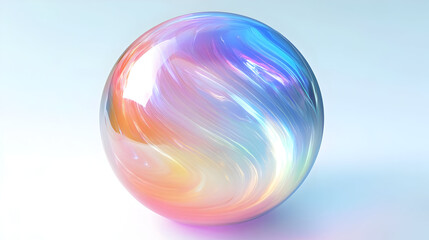Obraz premium Shiny iridescent sphere with a swirl design on a light blue background.