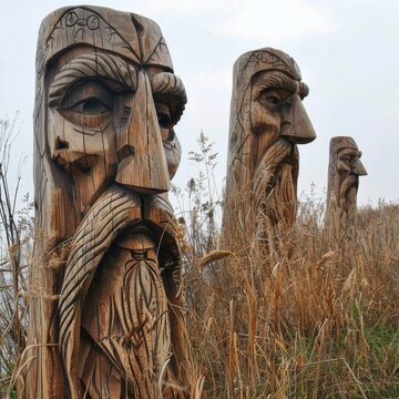 Wooden sculptures of pagan gods on the island of Khortitsa. Generative ai.