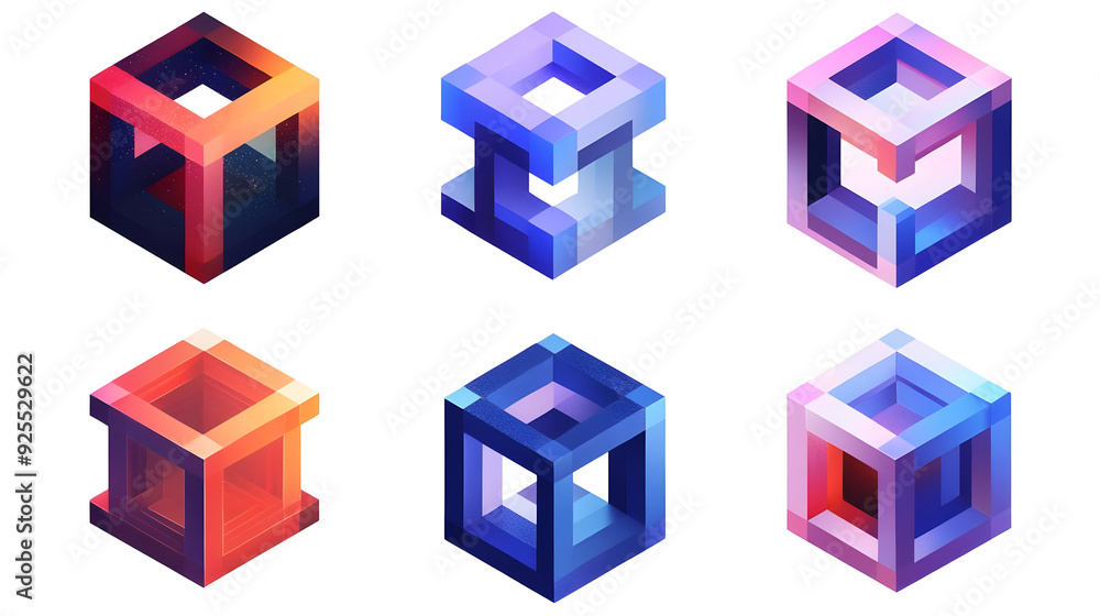 Poster six 3d cubes with various colors and patterns.