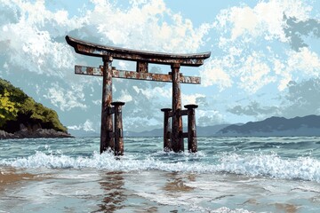 Torii Gate Seaside Shrine Shinto Religion Spiritual Symbol