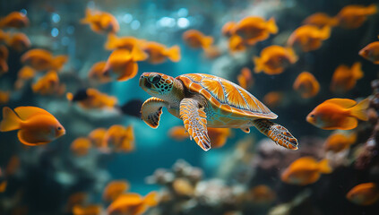 Stunning underwater view of a sea turtle gracefully swimming through a vibrant coral reef
Description: A captivating photograph of a sea turtle swimming through a colorful coral reef The image capture