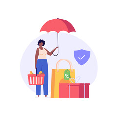 Consumer buying with legal protection. Consumer law protects customer with insurance. Concept of consumer protection, customer rights, scale of justice, legal safety. Vector flat cartoon illustration
