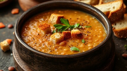 In a rustic metal bowl, lentil soup with herbs, spices, and bread is served with croutons, cheese, and lemoon.