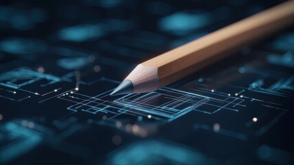 Futuristic pencil surrounded by holographic sketches, dark background, future artist, merging digital and traditional art