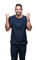 Fototapeta premium Young handsome man wearing sweater over isolated background celebrating surprised and amazed for success with arms raised and open eyes. Winner concept.
