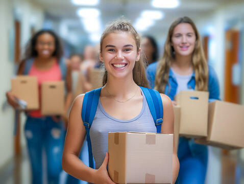 Joyful students are walking down a school hallway, each holding boxes as they prepare for the new school year