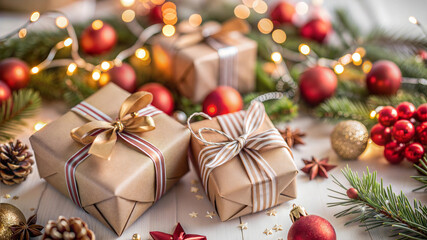 Christmas and New Year holidays background. Festive decoration on white wooden table. Copy space.