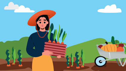 Fototapeta premium Woman in a wide-brimmed hat carrying a crate of fresh leeks, with a cart of vegetables behind her.