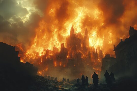 biblical city engulfed in ethereal flames and raining sulfur crumbling architecture silhouetted against an apocalyptic sky with fleeing figures in the foreground