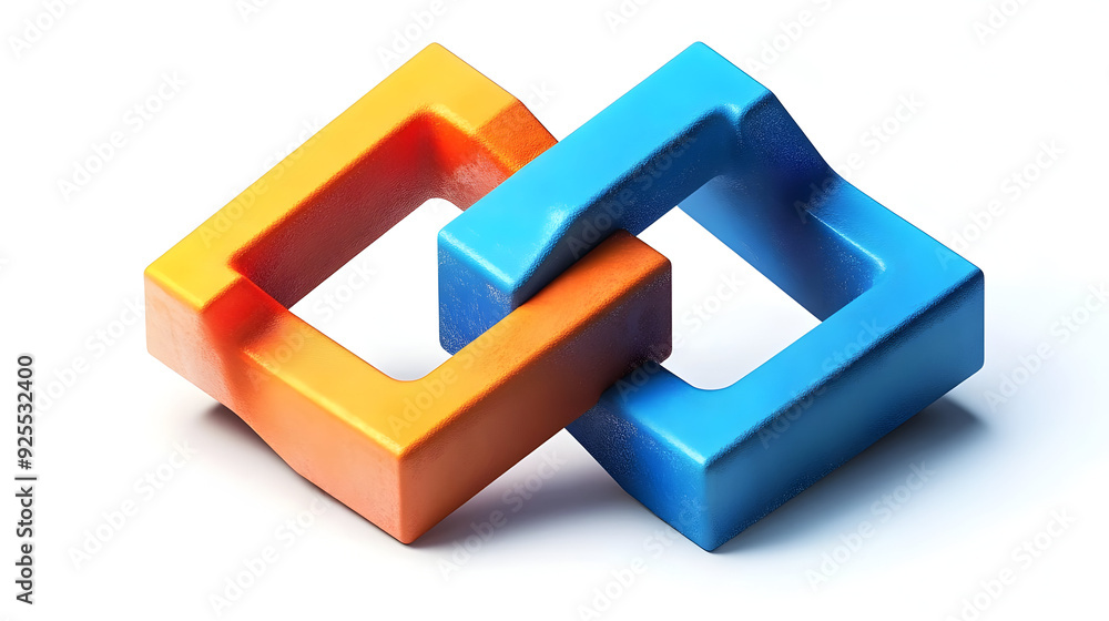 Poster two interlocking geometric shapes in orange and blue, symbolizing connection and creativity.