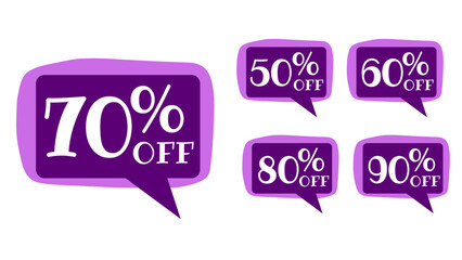 Price discount tag for up to off 50, 60, 70, 80, 90 percent with purple shades 
