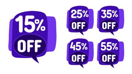 set of price discount labels for 15,25,35,45,and 55 percent off