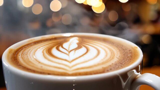 Warm Cappuccino in a Cafe with Blurred Background Lights