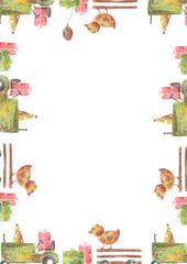 Farm animals frame template - watercolor hand drawn isolated on transparent background. Happy birthday template for kids postcards. Cow, sheep, chicken with farm truck, gift box, baloons.