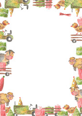 Farm animals frame template - watercolor hand drawn isolated on transparent background. Happy birthday template for kids postcards. Cow, sheep, chicken with farm truck, gift box, baloons.