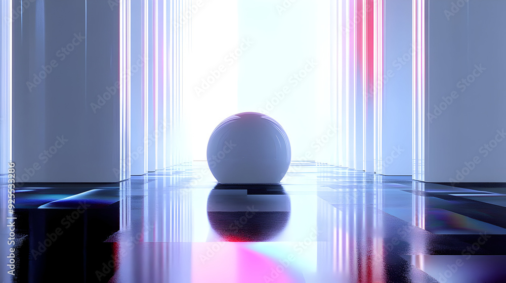 Poster White sphere on a reflective surface in an abstract futuristic setting.