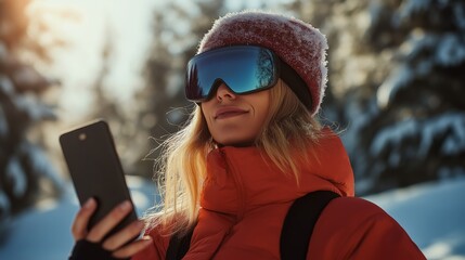 Woman in ski glasses holding a smartphone.