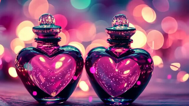 Two exquisite heart-shaped glass bottles sparkle with vibrant colors, creating a magical atmosphere as twilight settles in