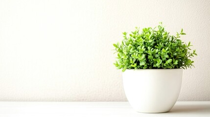 A vibrant green plant sits gracefully in a white pot, adding a touch of freshness and vitality to the minimalist indoor environment