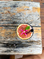 Colorful cocktail on a wooden background table