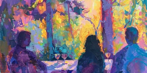 gathering of friends seated around a table, enjoying each other's company in a colorful, serene garden setting as day transitions into night.