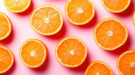 Circular orange slices lie playfully scattered, their juicy textures contrasting beautifully with...