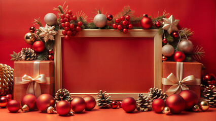 Christmas background with decorations and gift boxes on red background, copy space