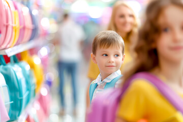 Obraz premium A young boy admires vibrant backpacks while shopping with family, showcasing joy and curiosity in a retail environment