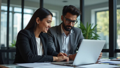 Indian financial advisors, both male and female, discuss a stock market strategy in a modern company using a laptop computer. Managers from South Asia Work Together on a Banking Project 