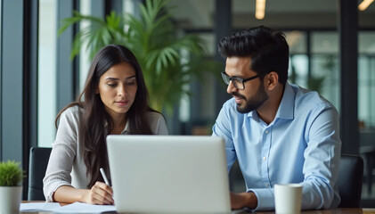 Indian financial advisors, both male and female, discuss a stock market strategy in a modern company using a laptop computer. Managers from South Asia Work Together on a Banking Project 
