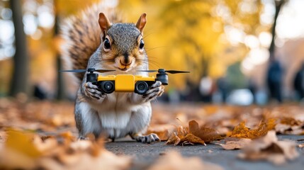 A curious squirrel holds a tiny yellow drone while surrounded by fallen autumn leaves on a pavement, capturing an enchanting and whimsical moment in nature.