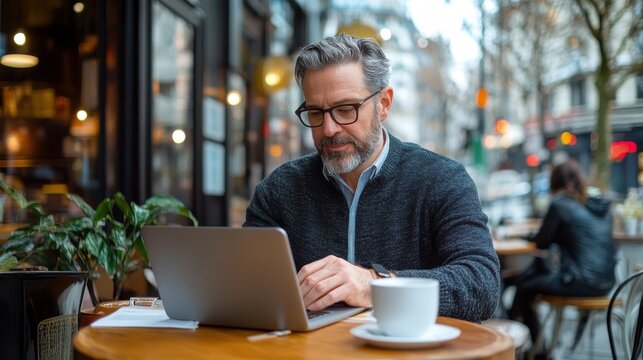 A mature man with glasses is focusing on his laptop in an outdoor café, enjoying a coffee as he works, representing a modern, productive, and relaxed work environment.