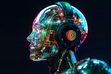 Side view of a humanoid head with blue and yellow eyes and vibrant neon neural network, representing futuristic technology and artificial intelligence
