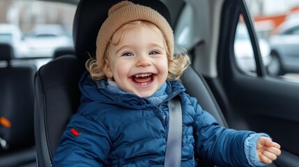 A cheerful toddler, dressed in winter clothes including a beanie and a jacket, sits securely in a car seat. The child is smiling widely, radiating joy and warmth.