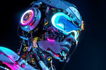 Side view of a humanoid head with blue and yellow eyes and vibrant neon neural network, representing futuristic technology and artificial intelligence