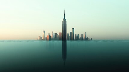 Obraz premium Submerged city, rising seas due to climate change, no human elements, flat design illustration