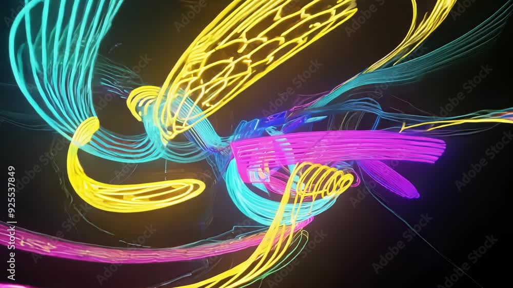 Poster digital neon lights swirling and dancing in a fluid motion creating a captivating and surreal 3d ani