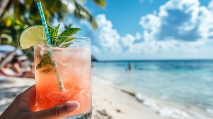 A woman's hand holding a colorful cocktail garnished with mint and lime against the backdrop of a sunny tropical beach, creating a refreshing summer ambiance.