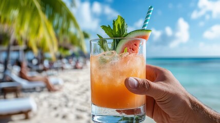 A hand holds a summer cocktail garnished with mint and watermelon against a beach setting with clear blue skies, symbolizing leisure and refreshment.