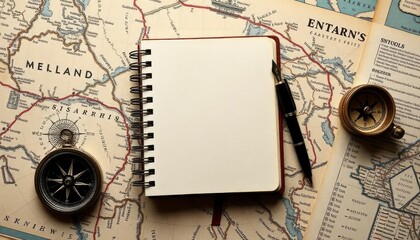 top view of vintage blank notebook with fountain pen near compass on map background, ai