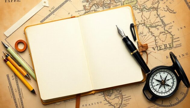 top view of vintage blank notebook with fountain pen near compass on map background, ai