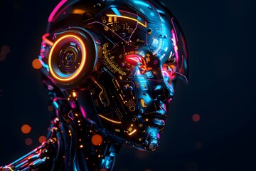 Side view of a humanoid head with blue and yellow eyes and vibrant neon neural network, representing futuristic technology and artificial intelligence
