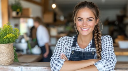 A young woman with a braid and plaid shirt smiles brightly, standing in a barn, representing rustic charm, farm life, and a hardworking, cheerful persona.