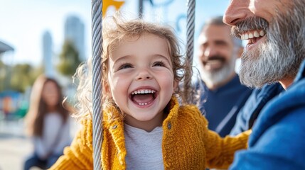 Obraz premium A young child wearing a yellow sweater laughing happily on a swing while family members in the background smile, capturing a moment of pure joy and togetherness at the playground.