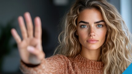 A serious woman indoors with an open hand signaling a stop gesture. Her expression and gesture underscore a clear message of boundary-setting and determination.