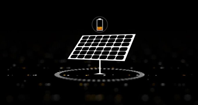 Solar panel, hologram and icon with recharge for photovoltaic, renewable energy or eco friendly environment on a black background. Electricity or power generator with graphic, battery or simulation