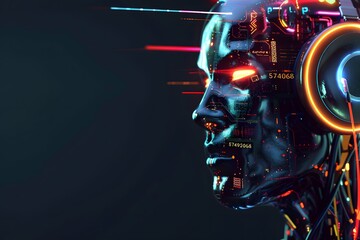 Side view of a humanoid head with blue and yellow eyes and vibrant neon neural network, representing futuristic technology and artificial intelligence