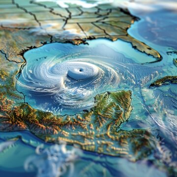 3D Render of the clouds of Hurricane Ida on Topographic map. Generative ai